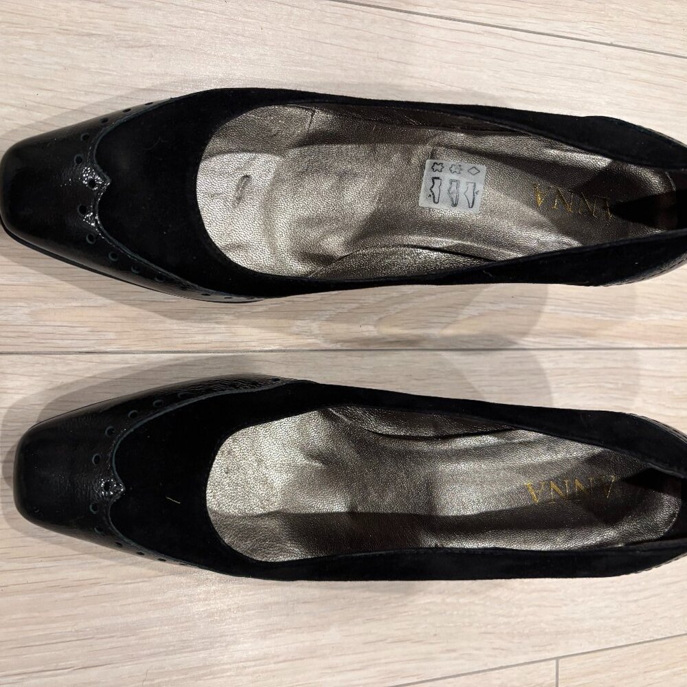 Anna Black Suede Pointed Brogue Heels